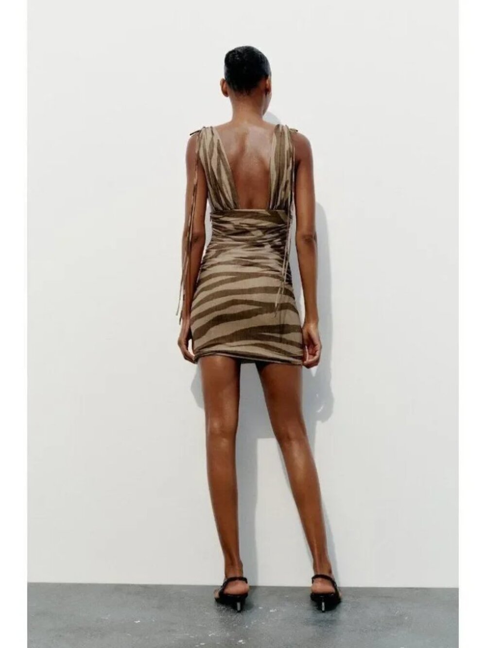 New Zara Zebra Printed Tulle Plunging Neckline Wide Straps Draped Fabric Dress - Picture 4 of 13